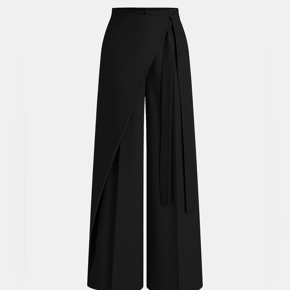Commense Black Wide-Leg Wrap-Front Trousers